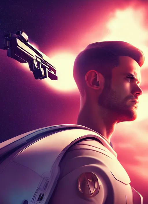 Image similar to side profile centered portrait, man with a gun, spaceship in the background, by artgerm, miles johnstone, frames,. poster, 8 k. elegant, intricate, octane render