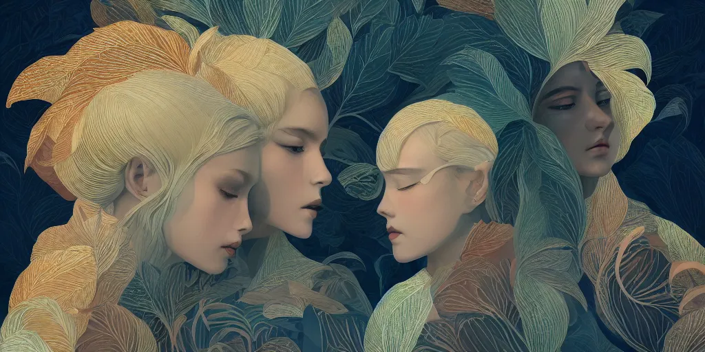Prompt: breathtaking detailed concept art painting art deco pattern of blonde goddesses faces blend autumn leaves, by hsiao - ron cheng, bizarre compositions, exquisite detail, extremely moody lighting, 8 k