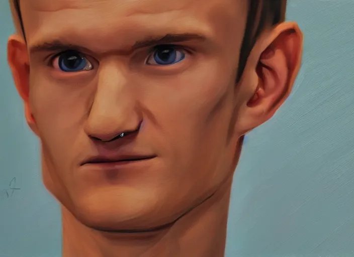 Image similar to vitalik buterin in headphones. vitalik buterin, medium shot, perfect symmetric face, coherent eyes, fine details., 4 k, hans zatska, oil paint