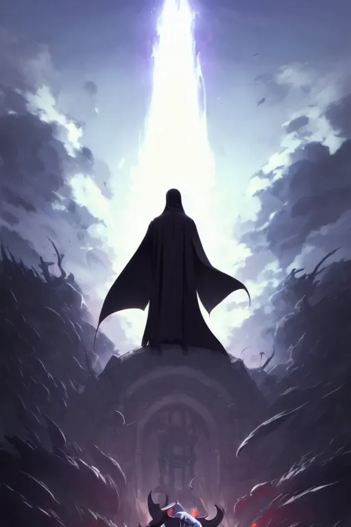 Prompt: video game cover, grim reaper dressed with a cape surrounded by demons, mid view, design on a white background, by studio muti, greg rutkowski makoto shinkai takashi takeuchi studio ghibli