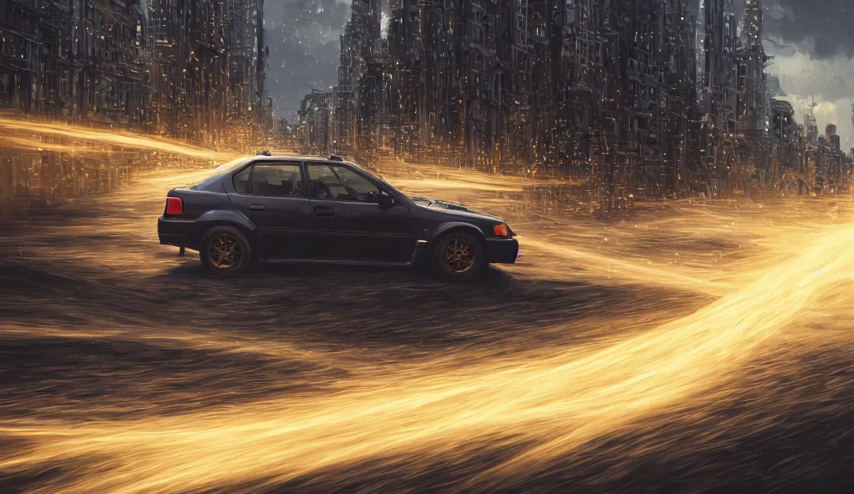 Image similar to detailed intricate digital landscape illustration by greg rutkowski and artgerm and wlop and sanford robinson gifford ; 1 9 9 4 subaru wrx sti driving in a beautiful windy city with long exposure light streaks ; 1 3 mm film, arri alfa anamorphic lens ; sharp focus, golden hour lighting, trending on artstation 4 k