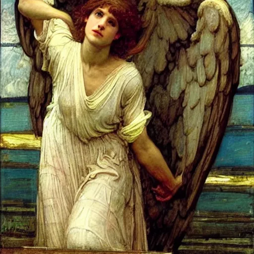 Image similar to An angel losing their wings calmly in the style of John William Waterhouse