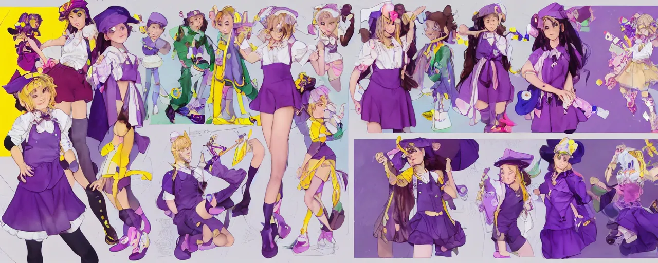 Prompt: A character sheet of a cute magical girl with short blond hair and freckles wearing an oversized purple Beret, Purple overall shorts, Short Puffy pants, pointy jester shoes, a big yellow scarf, and white leggings. Rainbow accessories all over. Concept Art. By WLOP. By Alex Ross. By Artgerm. By Alphonse Mucha. By Frederic Leighton. Decora Fashion. harajuku street fashion. Cosplay. E-Girl. Kawaii Design. Intricate. Highly Detailed. Photorealistic. Moonlight