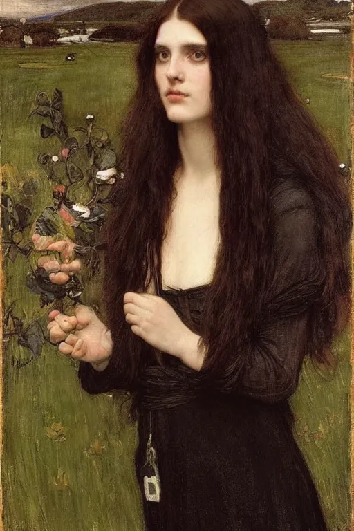 Image similar to A striking Pre-Raphaelite witch with intense eyes and jet black hair, by John Collier, by John William Waterhouse, John Everett Millais