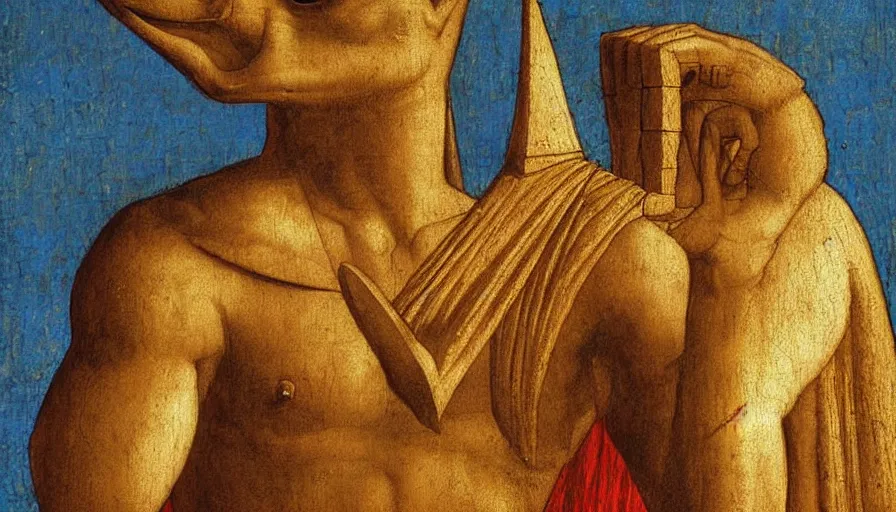Prompt: anubis by leonardo da vinci, oil painting, classical painting, digital art, vivid colors, romanticism, sharp focus