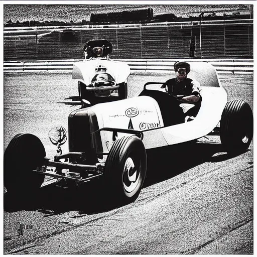 Prompt: “an award winning analog photograph of a tall blond man and a dark haired man driving in an old timer race car, formula one, sepia.”