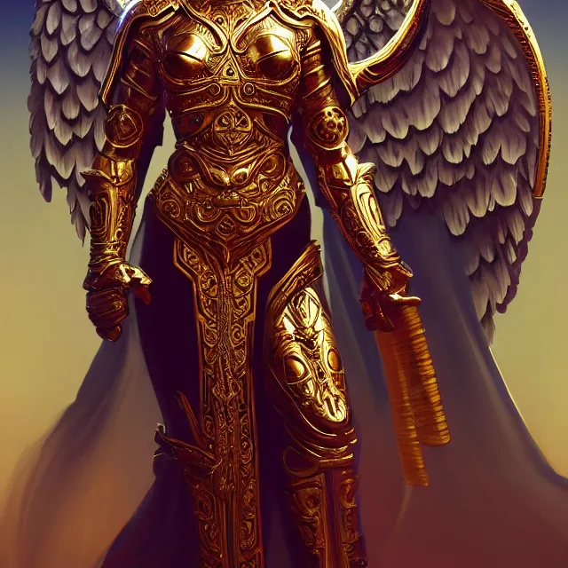 Prompt: beautiful angel warrior queen in ornate robes, highly detailed, 8 k, hdr, award - winning, trending on artstation, clayton crain