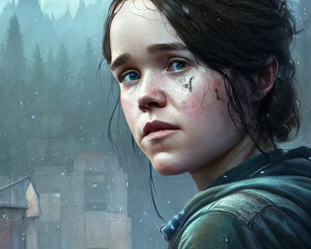 Image similar to highly detailed portrait of ellen page, in the last of us, stephen bliss, unreal engine, fantasy art by greg rutkowski, loish, rhads, ferdinand knab, makoto shinkai and lois van baarle, ilya kuvshinov, rossdraws, tom bagshaw, global illumination, radiant light, detailed and intricate environment