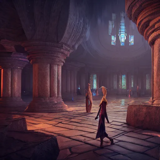 Image similar to inside an etheral aether elven city with people walking around, highly detailed, 4k, HDR, award-winning, octane render, trending on artstation, volumetric lighting