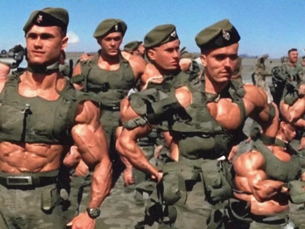 Prompt: vintage 90s VHS video still of muscular males promoting military aircrafts, realistic photo