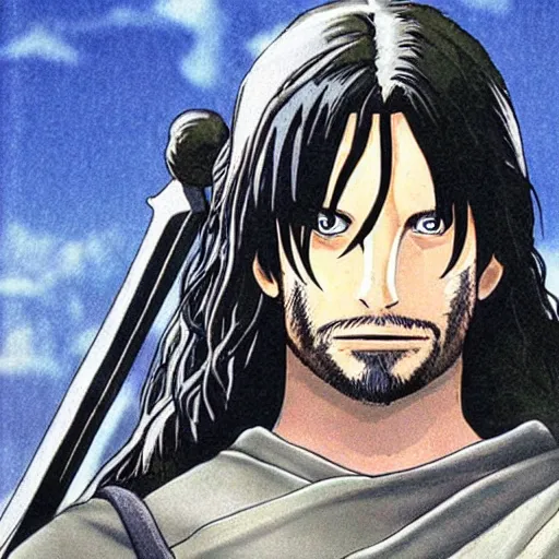 Prompt: aragorn from the anime lord of the rings (1986), looking serious, some beard, studio ghibli, very detailed, realistic