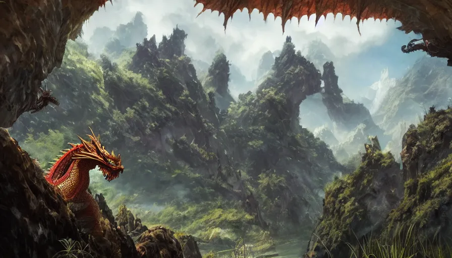 Image similar to excellent painted dragon in a phantastic landscape under bright daylight with fluffy clouds, set in the world of Zendikar, painted by Hans Fredrik Gude, Greg Rutkowksi, Craig Mullins and Artgerm, concept art 2022, 4k, octane render