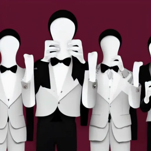 Image similar to a group of faceless humans with long limbs wearing tuxedos