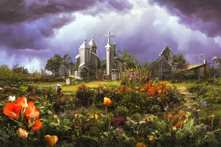 Image similar to hyperrealism, scene from church, thunderstorm, starship, junkyard, louisiana swamps, orange blooming flowers garden, 8 k, 8 0 s japanese sci - fi books art