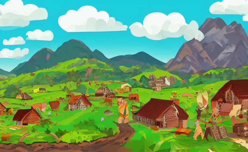 Image similar to some villagers busy farming in a small village in a valley, a dragon approaching from a distance, vector, storybook, complimentary colors, gouache, flat, sharp edges, concept art, print