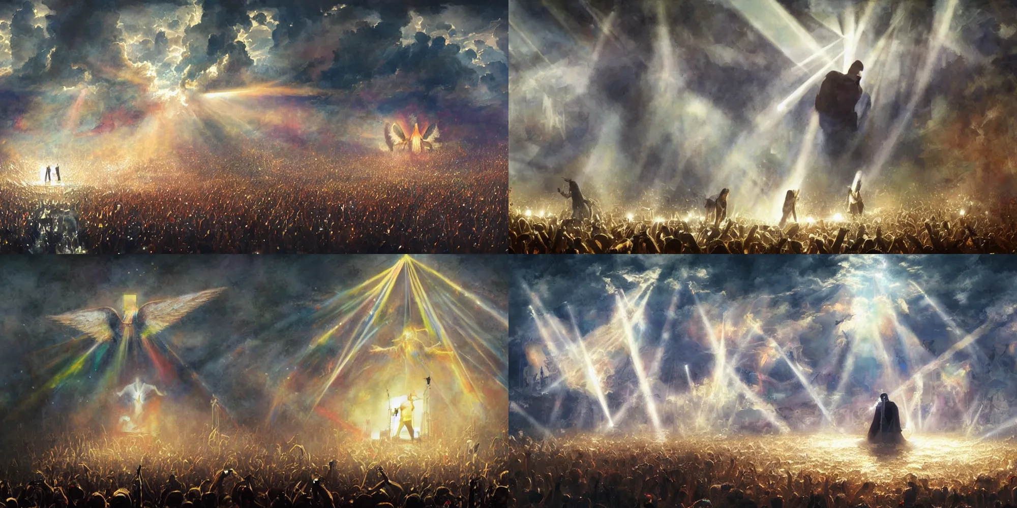 Prompt: limp bizkit performing in heaven, white clouds, golden gates, angels, god rays, technicolor, painted by greg rutkowski