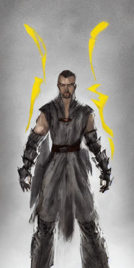 Image similar to Photo of the character with pale ash-colored skin, yellow eyes with vertical pupils, black thick hair with a touch of gray to the shoulders, with neat stubble, similar to a small beard and with a strong build. He wore a plain old shirt, with a light leather armor over it, and leather pants with a belt, and a floor-length hooded cloak over his back, beautiful light, cinematic, sharp focus, digital art, full body, elegant, highly detailed, 8k, photorealism