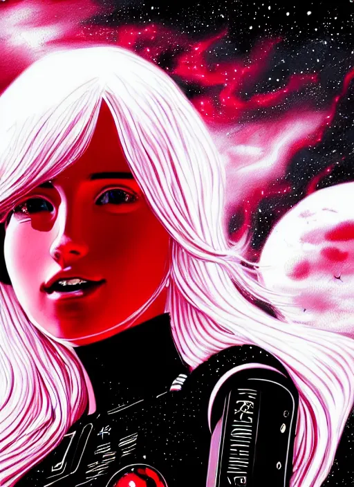 Prompt: highly detailed portrait of a hopeful pretty astronaut lady with a wavy blonde hair, by John Totleben , 4k resolution, nier:automata inspired, bravely default inspired, vibrant but dreary but upflifting red, black and white color scheme!!! ((Space nebula background))