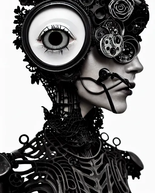 Image similar to black and white dreamy foggy smoky profile face portrait, one silver steampunk eye biomechanical beautiful young female cyclope - cyborg - robot bust, body ribs meshes,, volumetric light, hibiscus flowers, by hg giger, rim light, by dora maar and cecile beaton, big gothic fashion pearl embroidered collar, 8 k