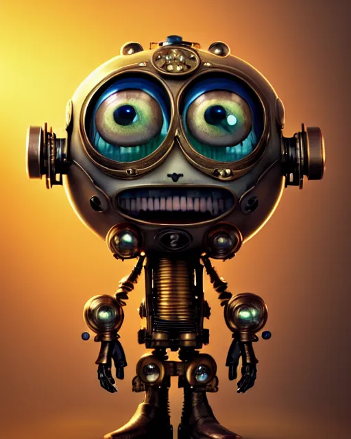 Prompt: a tiny cute steampunk cyborg with big eyes smiling waving, back view, isometric 3 d, ultra hd, character design by mark ryden pixar hayao miyazaki, unreal 5, daz, hyperrealistic, octane render, cosplay, rpg portrait, dynamic lighting, intricate detail, summer vibrancy, symmetrically isometrically centered