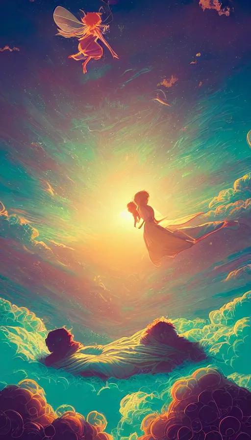 Prompt: little luminous fairies lounging on top of cosmic cloudscape at sunset, futurism, dan mumford, victo ngai, kilian eng, da vinci, josan gonzalez