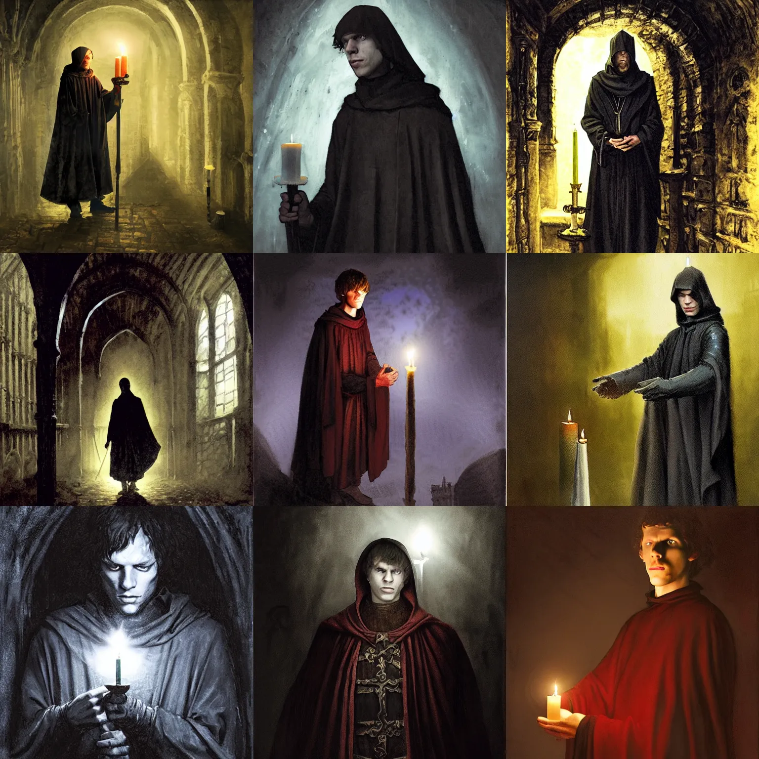 Prompt: jesse eisenberg as an enigmatic medieval christian ( ( monk ) ) in a dark underground city. dark shadows, colorful, candle light, law contrasts, ( ( spotlight ) ) ) fantasy portrait by jakub rozalski, jan matejko, and j. dickenson