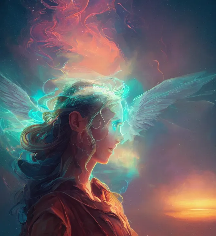 Prompt: centered waist up portrait photography of angel and glowing outlines, m dissolve to energy particles of light and bokeh and strong / dof and 8 k, photorealistic and composition by peter mohrbacher and line work by dan mumford, ultra realistic and backlit and strong rimlight, sunset and hdri, hd, photoreal