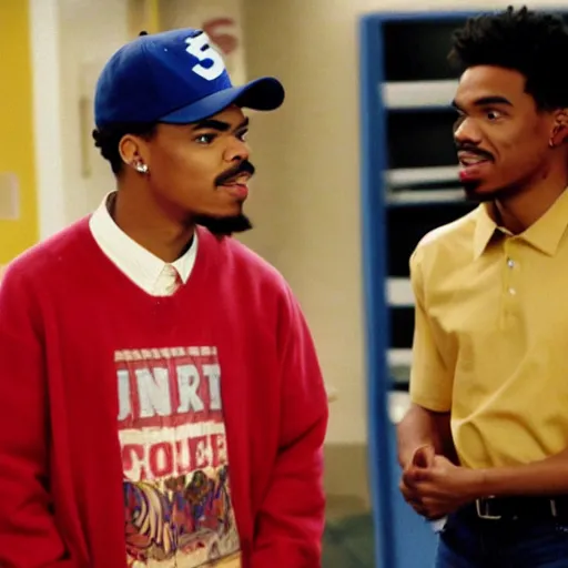 Image similar to a tv still of Chance The Rapper starring as a black college student at Jones College Prep in a 1993 sitcom