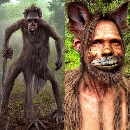 Image similar to “tall Goblin Bigfoot human hyena hybrid with a hyena face and mange holding a spear, jungle background, sickly, realistic, nature photography”