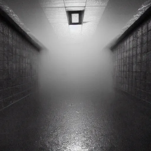 Image similar to Beautiful Fuzzy wide-eye-lens 15mm, harsh flash, cameraphone 2000s, Photograph of foggy school stairs with water on the floor