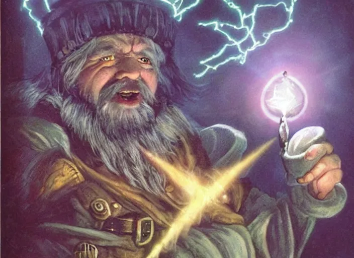 Prompt: a dwarf sorcerer holding a gigantic glowing diamond. his eyes are glowing. high fantasy art ( 1 9 8 7 )