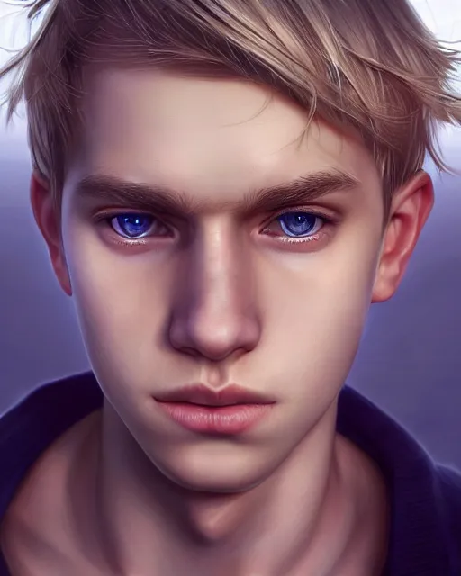 Prompt: portrait of 1 5 - year - old boy with blonde hair, round - face, and slightly buck - toothed, hyper realistic face, beautiful eyes, character art, art by artgerm lau and wlop and and ilya kuvshinov and john singer sargent, hyperdetailed, symmetrical, cryengine, trending on artstation, digital art