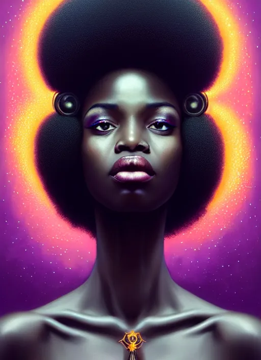 Image similar to portrait of young black woman with glowing crown jewels, afro - futurist style, intricate, elegant, exploding nebulae, highly detailed, digital painting, artstation, concept art, smooth, sharp focus, illustration, art by wlop, mars ravelo and greg rutkowski