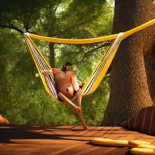 Image similar to digital art of a monkey laying in a hammock eating a banana, octane render, 8 k render, saturated, dynamic lighting