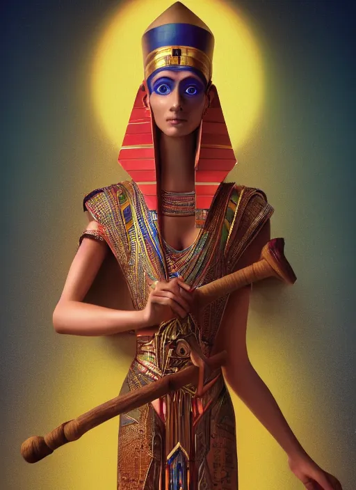 Image similar to an anthropomorphic beautiful female wizard of pharaoh holding a staff portrait wearing colourful robe, fine art, award winning, intricate, elegant, sharp focus, octane render, hyperrealistic, cinematic lighting, highly detailed, digital painting, 8 k concept art, art by jamie hewlett and z. w. gu, masterpiece, trending on artstation, 8 k