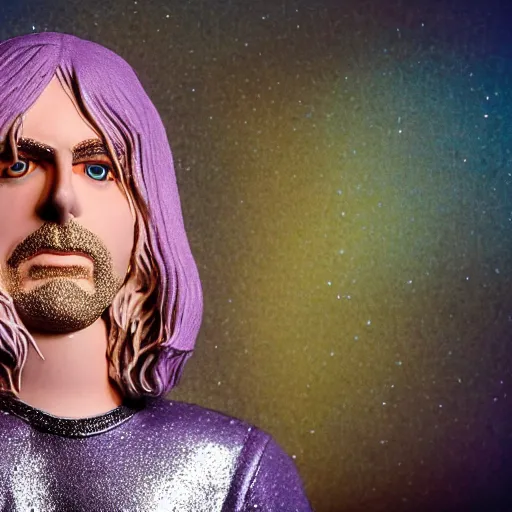 Prompt: Kurt Cobain with silver-violet hair, white eyes and golden glittery dress, wide lens, diorama, 4k,