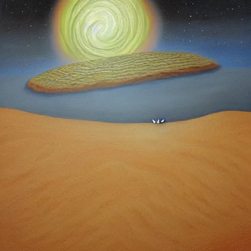 Prompt: A great worm comes out of sand on another planet, fantasy, eerie, oil painting by Bekinski