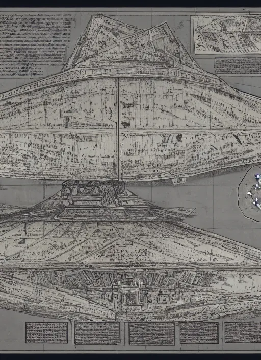 Image similar to detailed map of an imperial star destroyer, detailed, cartography, calligraphy, fine art, detailed, descriptive, directions, pictographs