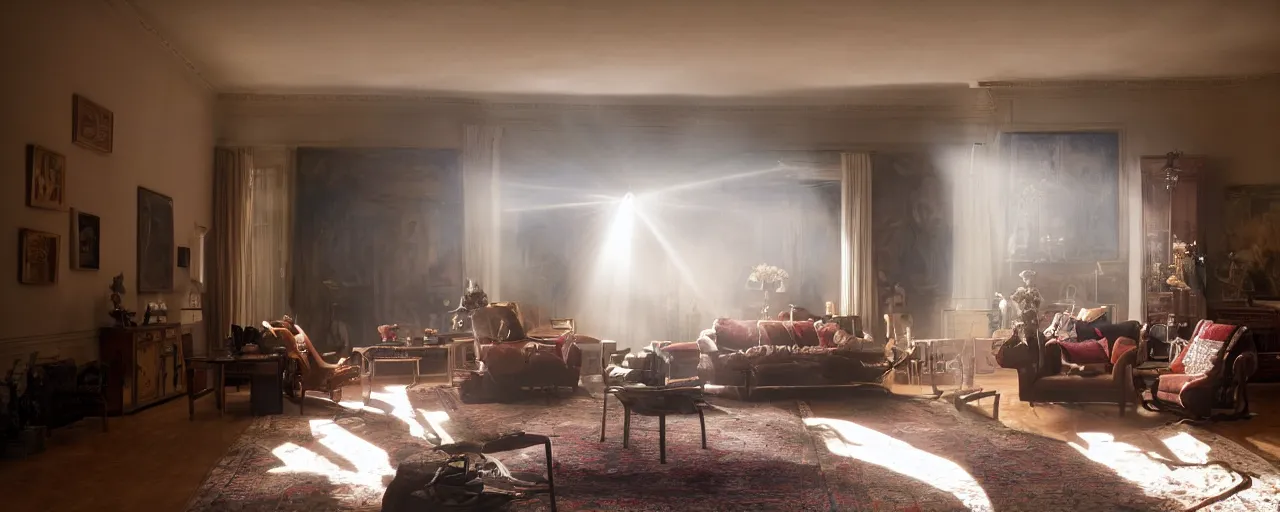 Prompt: stablishing shot of a living room, rembrandt lighting, with god rays, shot in imax camera with anamorphic 2 0 mm lens directed by wes anderson