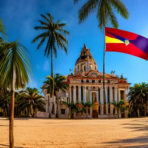 Prompt: a ultradetailed beautiful photo of the amazonas palace designed by jules bastien - lepage, hans belmer, frank weston and gustave baumann, brazilian flag, trending on artstation, mediterranean, palm trees, light sparkles, sharp focus, soft light, 8 k 4 k