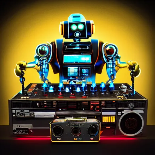 Prompt: album art, text : roborock, 3 steampunk robot drones with robot arms on a dj desk with a cd mixer, 8 k, flourescent colors, halluzinogenic, multicolored, exaggerated detailed, front shot, 3 d render, octane