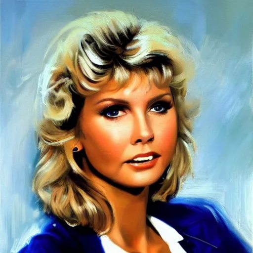 Image similar to closeup portrait of olivia newton john in jacket, movie still grease ( 1 9 7 8 ), evening, highly detailed oil painting, vladimir volegov, artstation