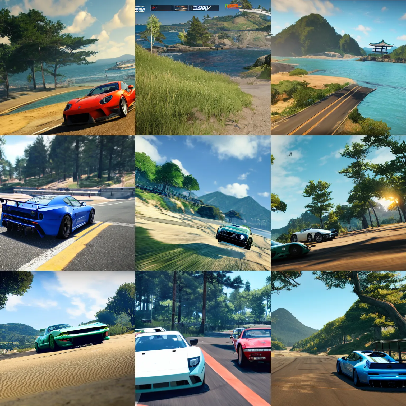 Prompt: screenshot of forza horizon set in japan, ocean coast, rtx, dlss, uhd