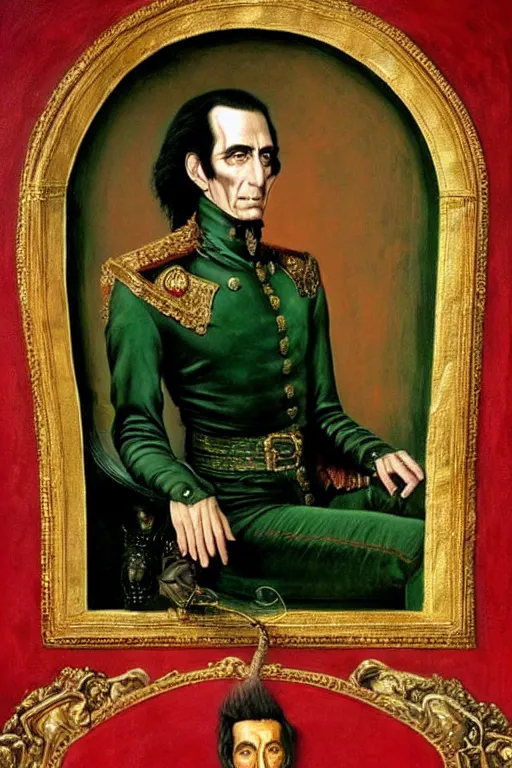 Prompt: hyper realistic portrait painting of simon bolivar ( intrincate details, full amor, conquistador clothes ) by godward, gustav moreau, saturno butto, boris vallejo, austin osman spare and david kassan, by bussiere. occult art, occult diagram, red and green color scheme.