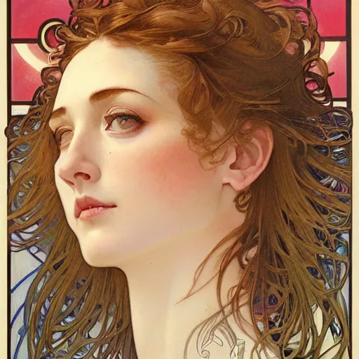 Prompt: realistic detailed head and shoulders profile portrait of Mia Sara by Alphonse Mucha, Ayami Kojima, Amano, Charlie Bowater, Karol Bak, Greg Hildebrandt, Jean Delville, and Mark Brooks, Art Nouveau, Neo-Gothic, gothic, elegant masterpiece portrait of Mia Sara, rich deep moody colors