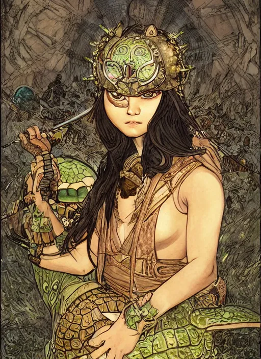 Image similar to portrait of a little warrior girl character sitting on top of a giant armored turtle in the desert, epic character with dark skin and beautiful green eyes. the girl has a very beautiful detailed symmetrical face, long black hair. the turtle has a big wise face and closed eyes, diffuse night light, dramatic landscape, fantasy illustration by mucha