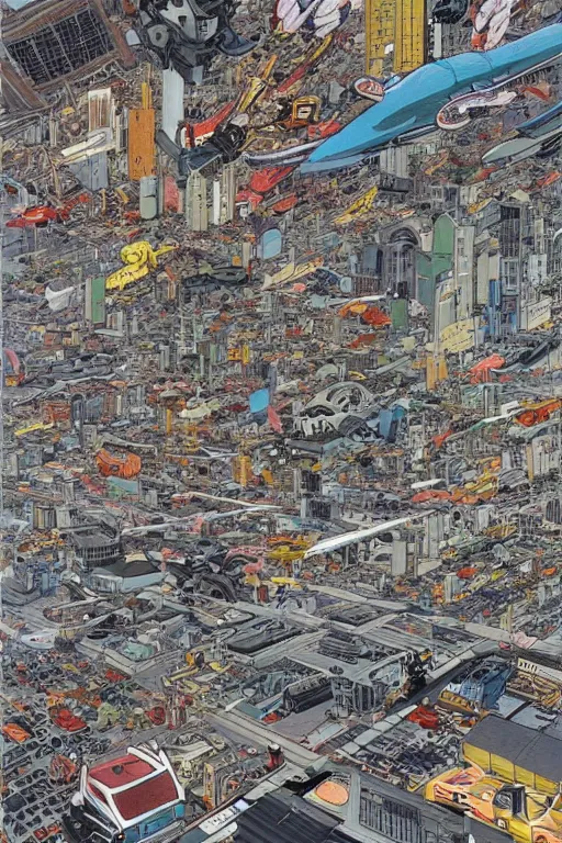 Prompt: it's an anime mural by katsuhiro otomo, it depicts a robotic giant towering over a world's city. below him are rows of cars and roads, while in the sky above are airplanes.