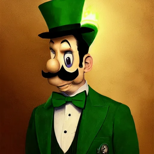 Prompt: hyper realistic, beautifully rendered, dapper fancy luigi wearing a green top hat, green suit and bowtie, smirking deviously, painted by greg rutkowski, wlop, artgerm, dishonored 2