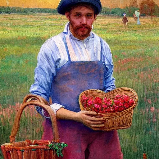 Image similar to a beautiful painting of a russian instagram heart farmer. in his arm he has a basket full of hearts. in style of ilya repin, trending on artstation