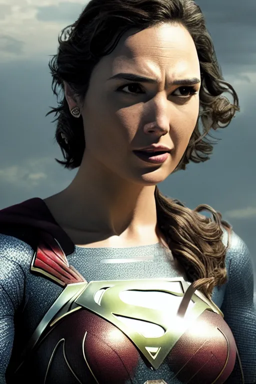 Image similar to a fancy close up of Man of Steel cast as gal gadot by Greg Rutkowski, Sung Choi, Mitchell Mohrhauser, Maciej Kuciara, Johnson Ting, Maxim Verehin, Peter Konig, 8k photorealistic, cinematic lighting, HD, high details, dramatic, trending on artstation, full body shot